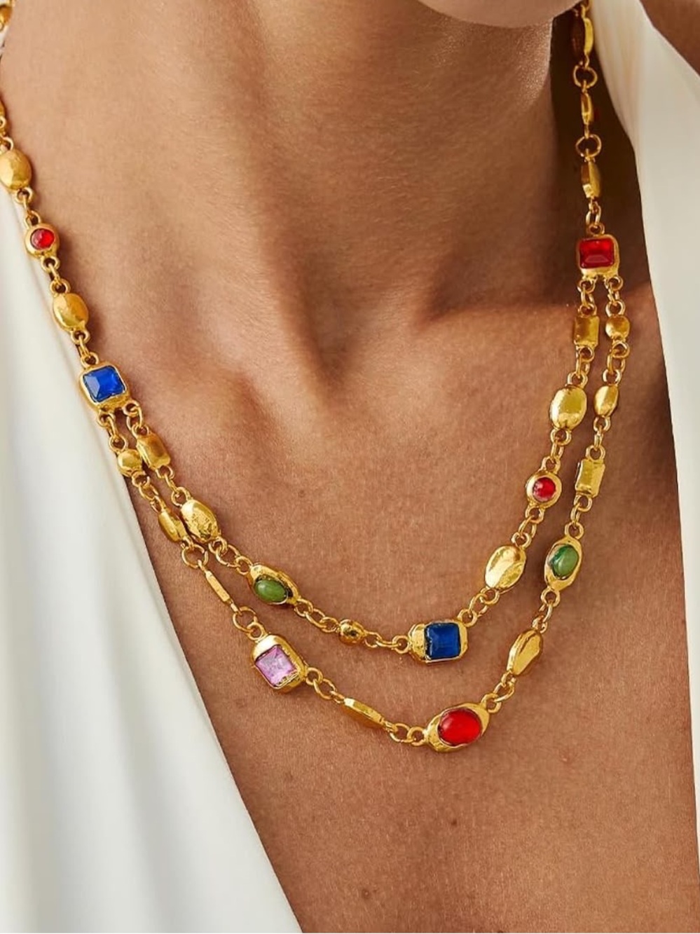 Anthropologie Gold Color Multicolor Gemstone Double-Layer Necklace - Picture 1 of 5